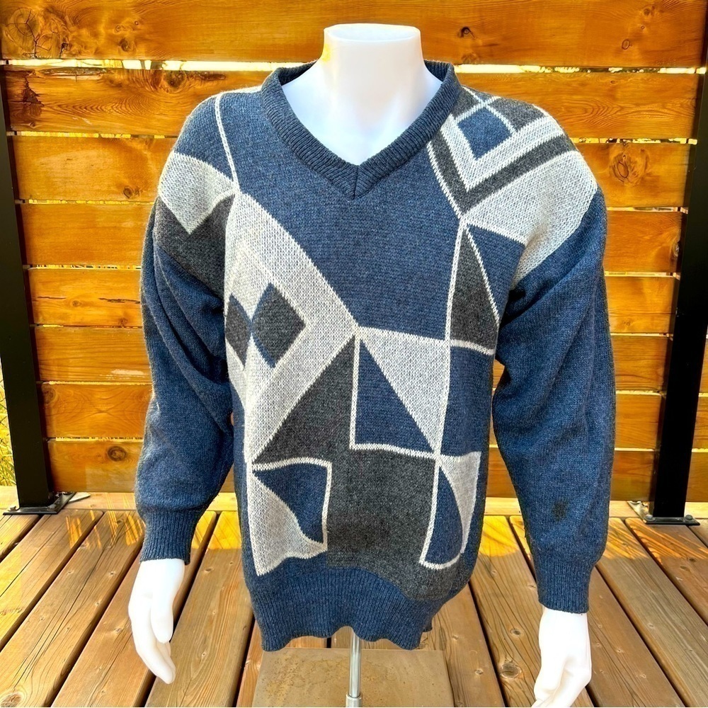 Vintage V-Neck Geometric Shetland Wool Print Sweater